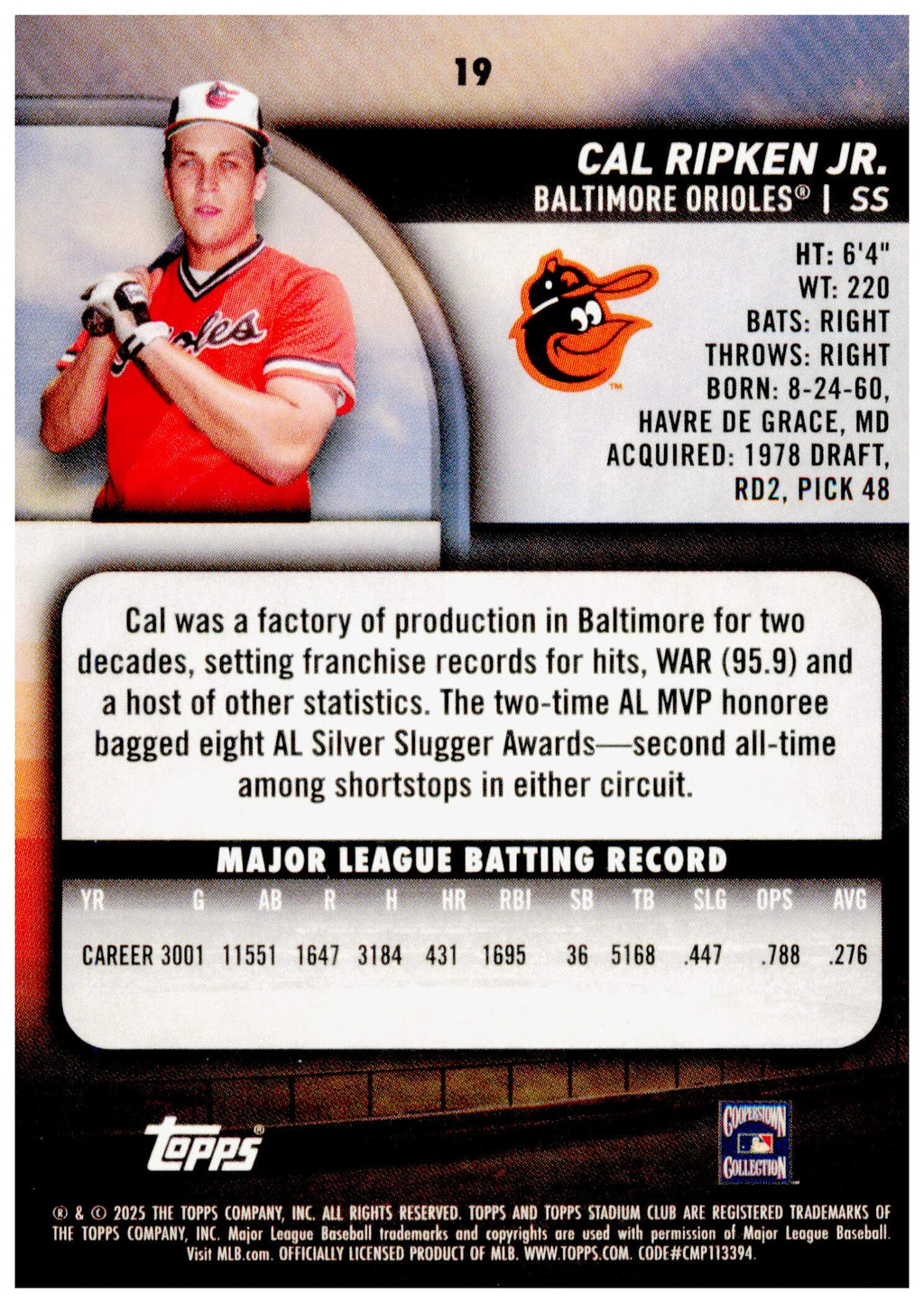 2025 Stadium Club Cal Ripken Jr. Card Baltimore Orioles #19