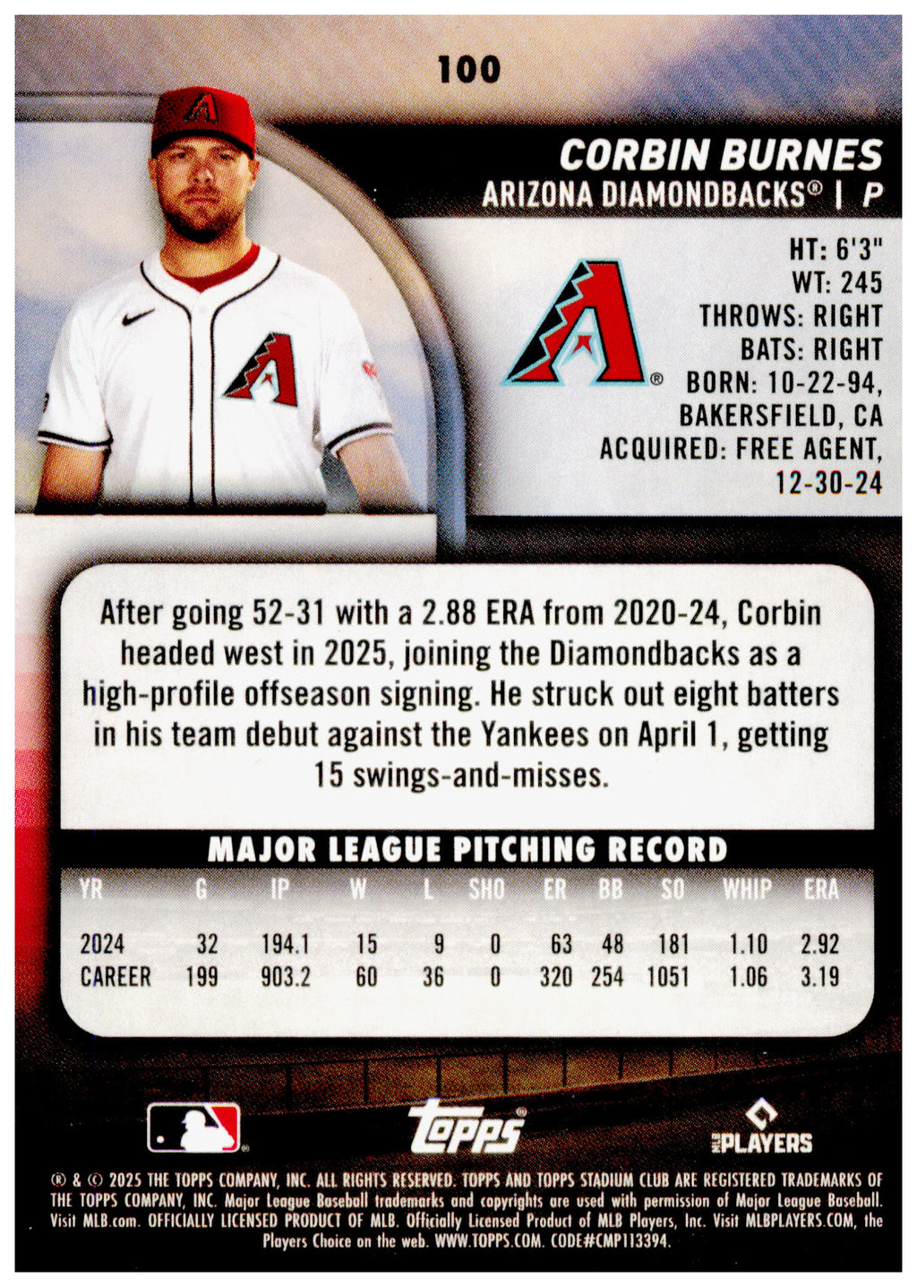 2025 Topps Stadium Club Corbin Burnes Base #100