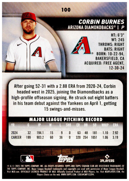 2025 Topps Stadium Club Corbin Burnes Base #100