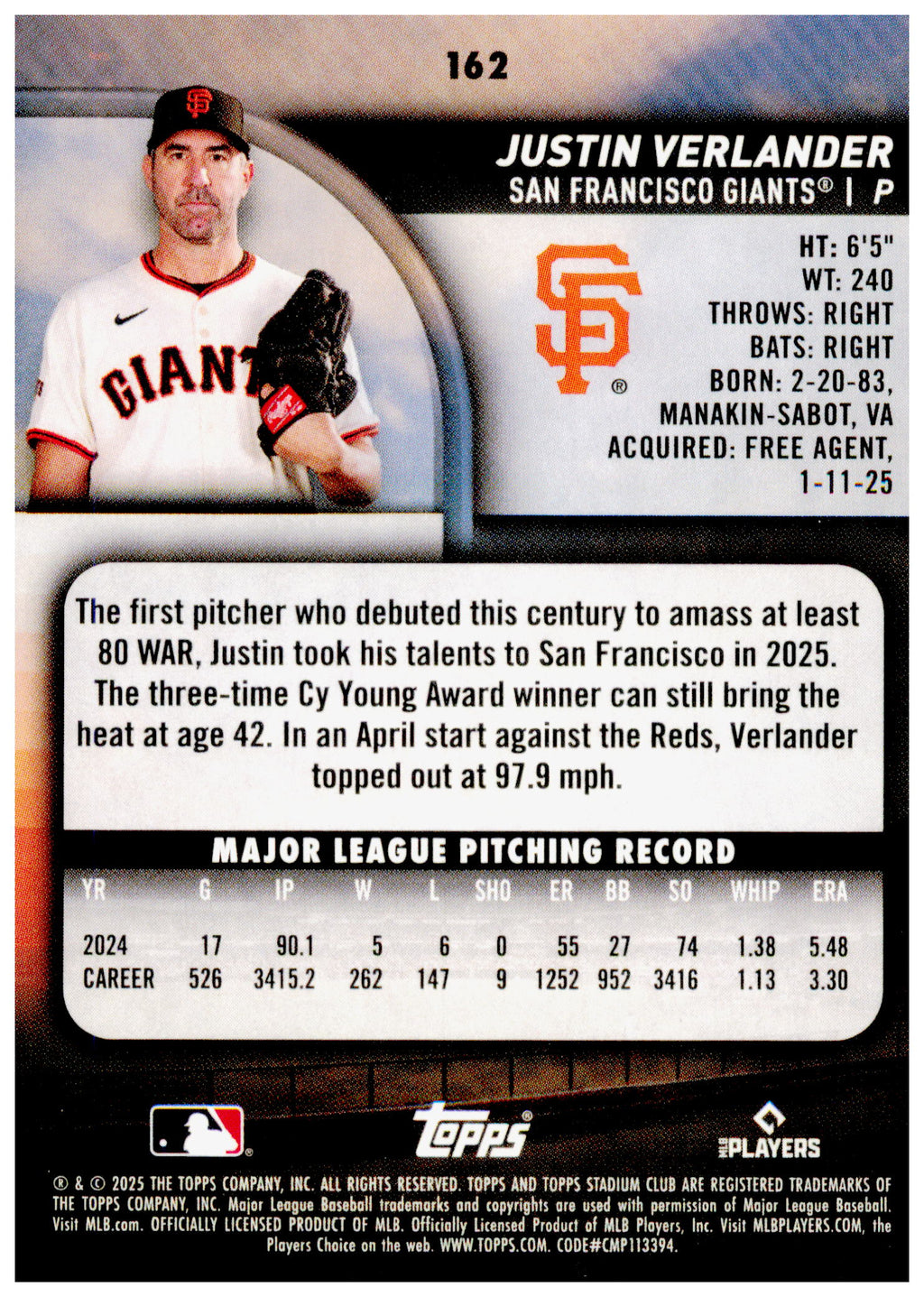 2025 Stadium Club Justin Verlander Card San Francisco Giants #162