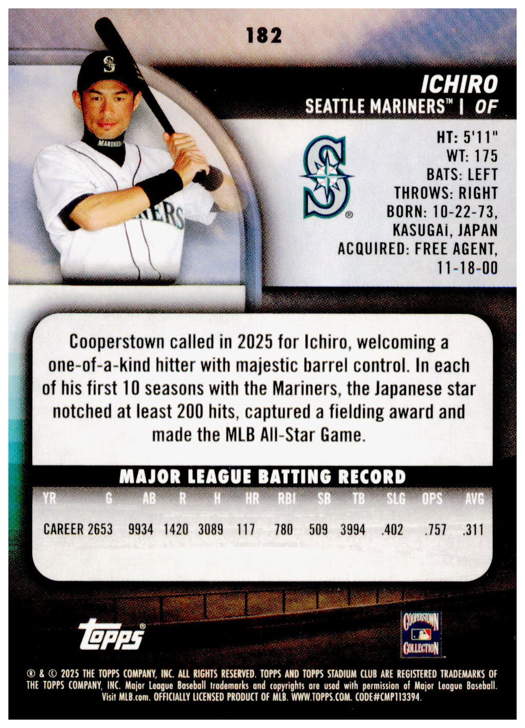 2025 Stadium Club Ichiro Card Seattle Mariners #182