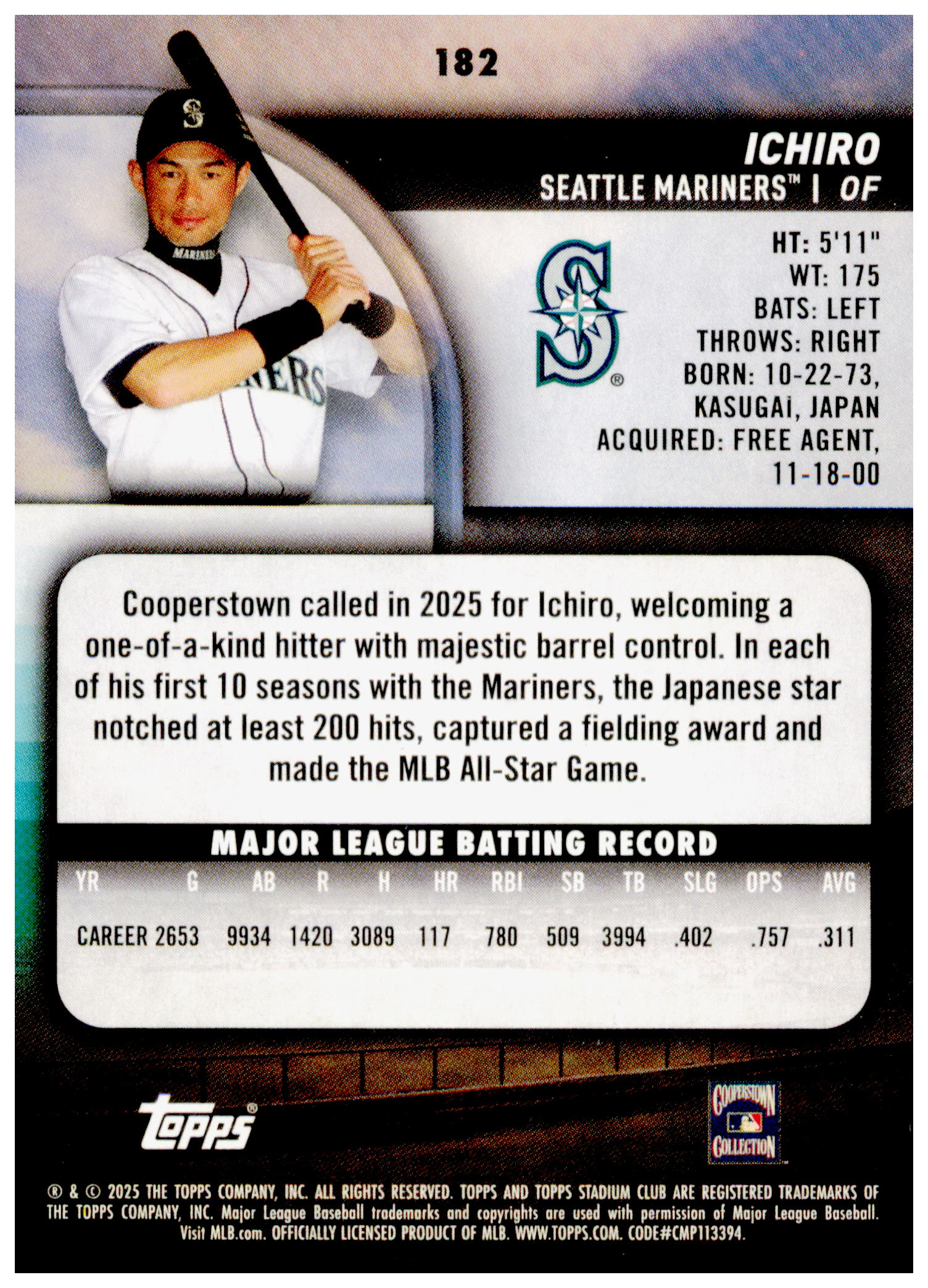 2025 Stadium Club Ichiro Card Seattle Mariners #182