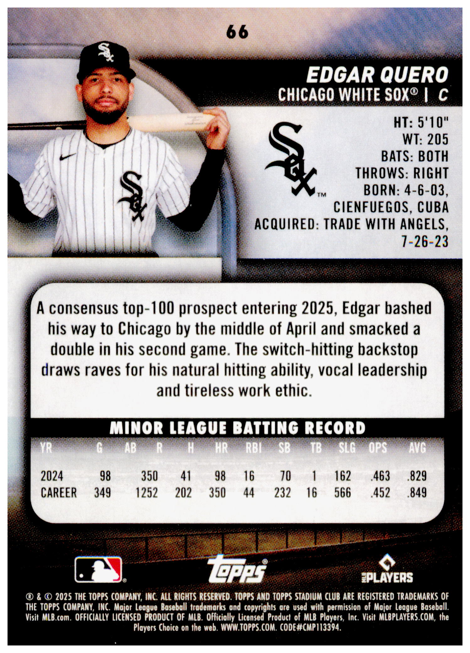 2025 Stadium Club Edgar Quero Card RC Chicago White Sox #66