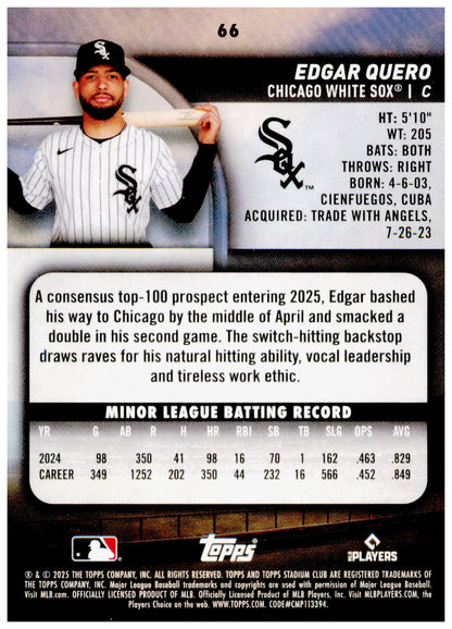2025 Stadium Club Edgar Quero Card RC Chicago White Sox #66