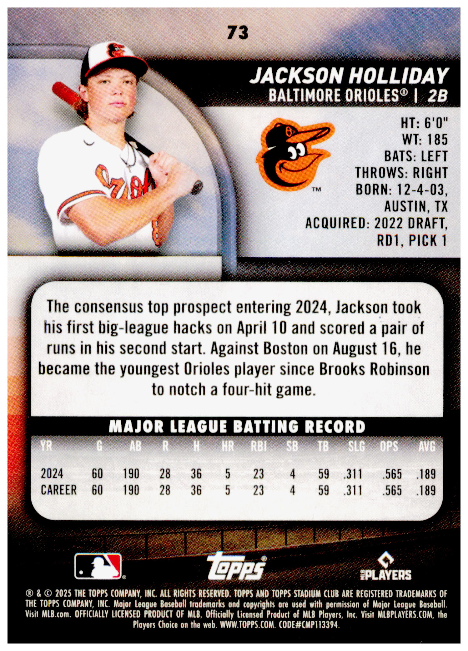 2025 Stadium Club Jackson Holliday Card Baltimore Orioles #73