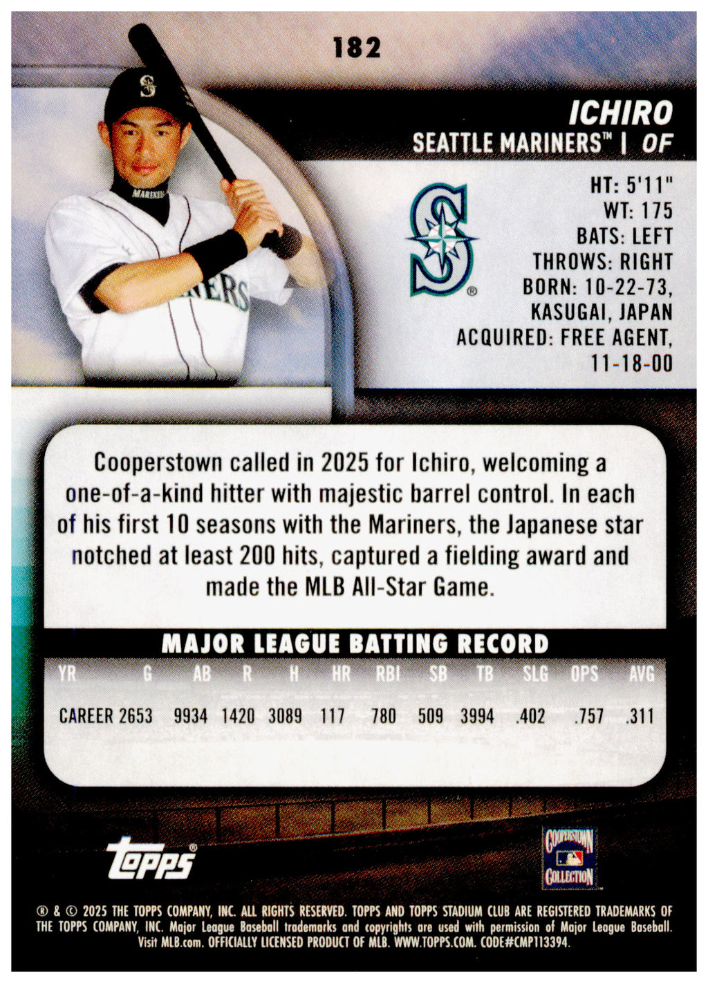 2025 Stadium Club Ichiro Card Seattle Mariners #182
