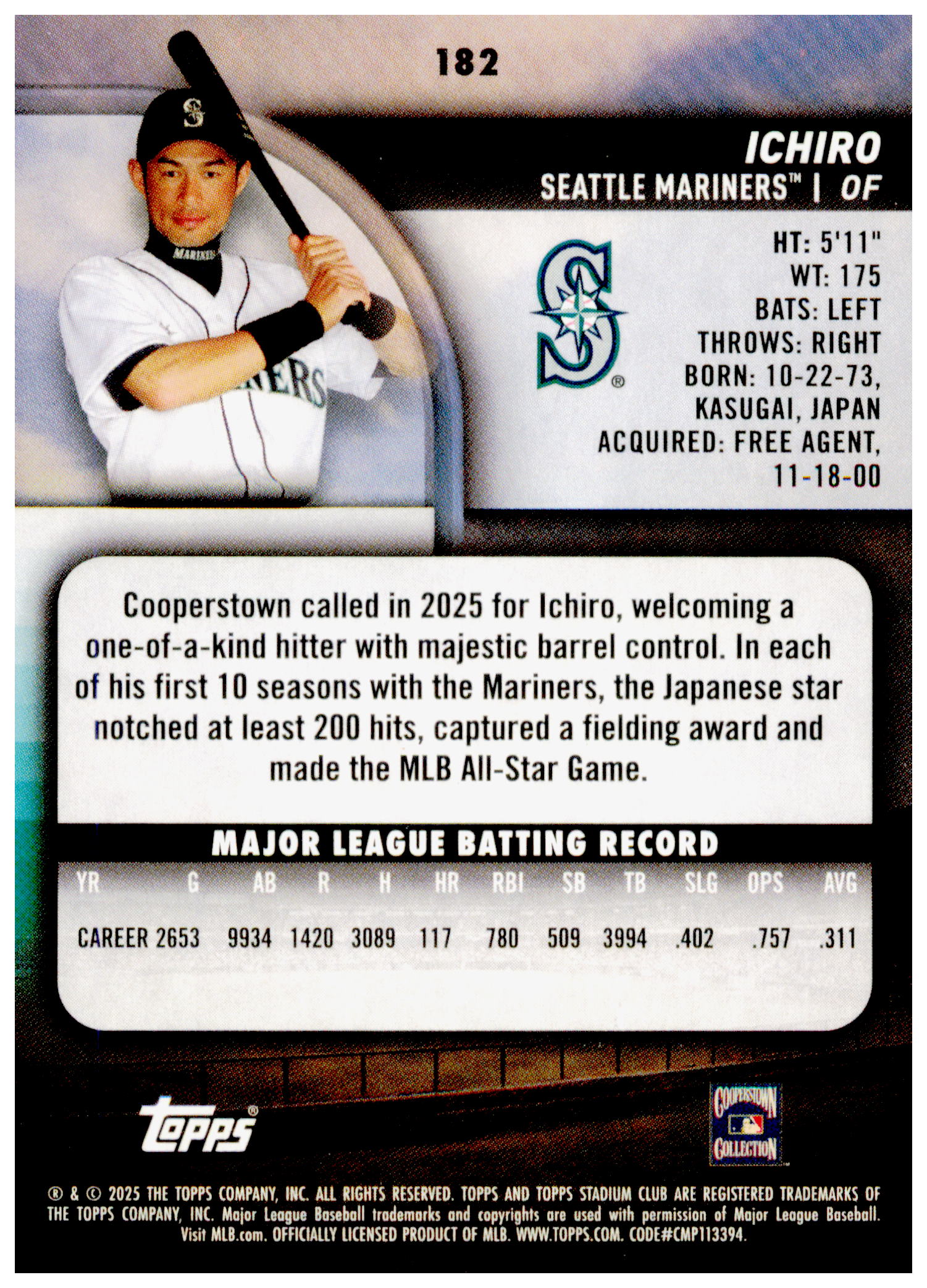 2025 Stadium Club Ichiro Card Seattle Mariners #182