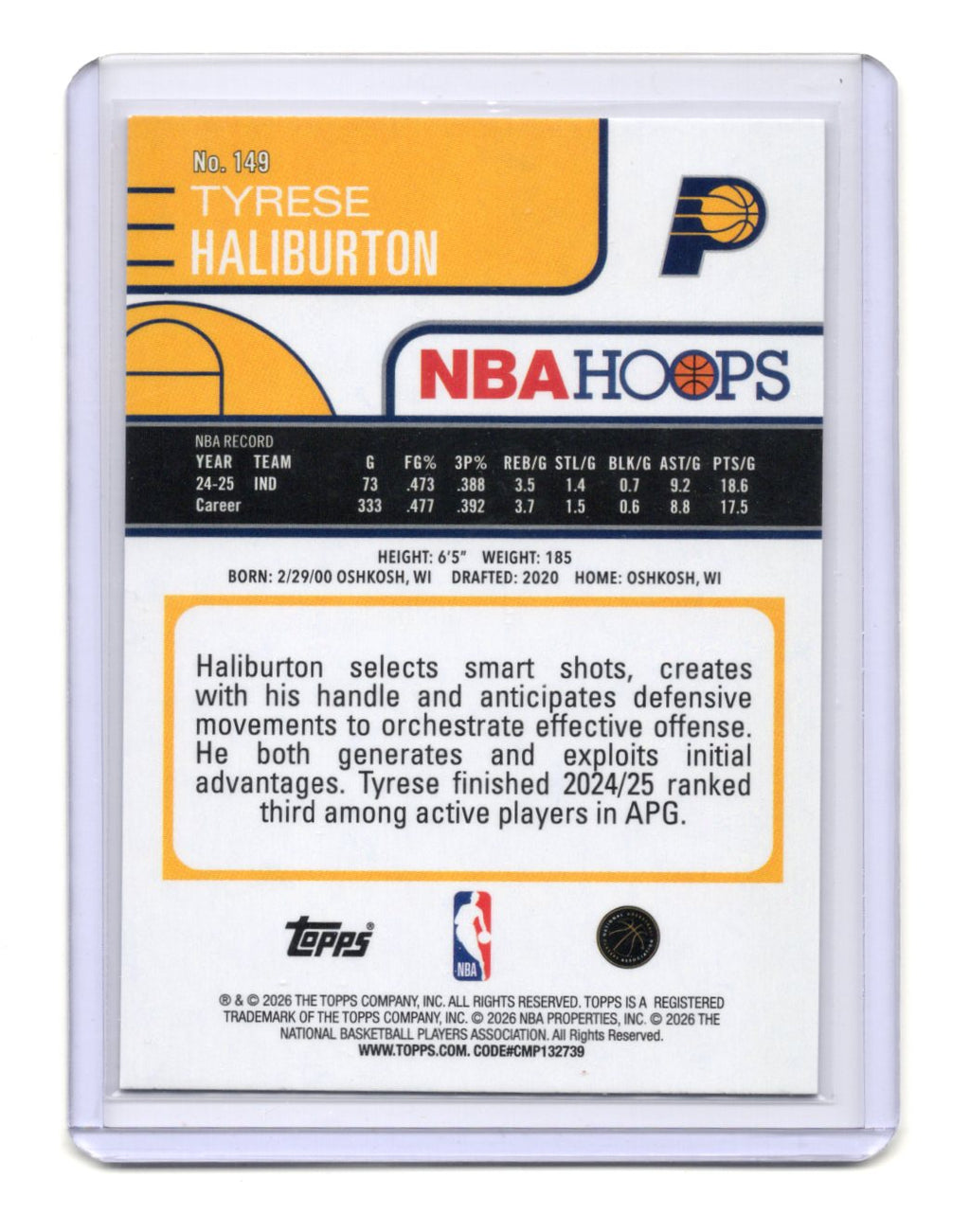 2025-26 Topps NBA Hoops Tyrese Haliburton Checkerboard Parallel #149 Pacers