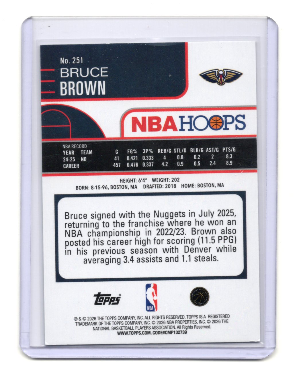 2025-26 Hoops Bruce Brown Card Green Hoops New Orleans Pelicans #251