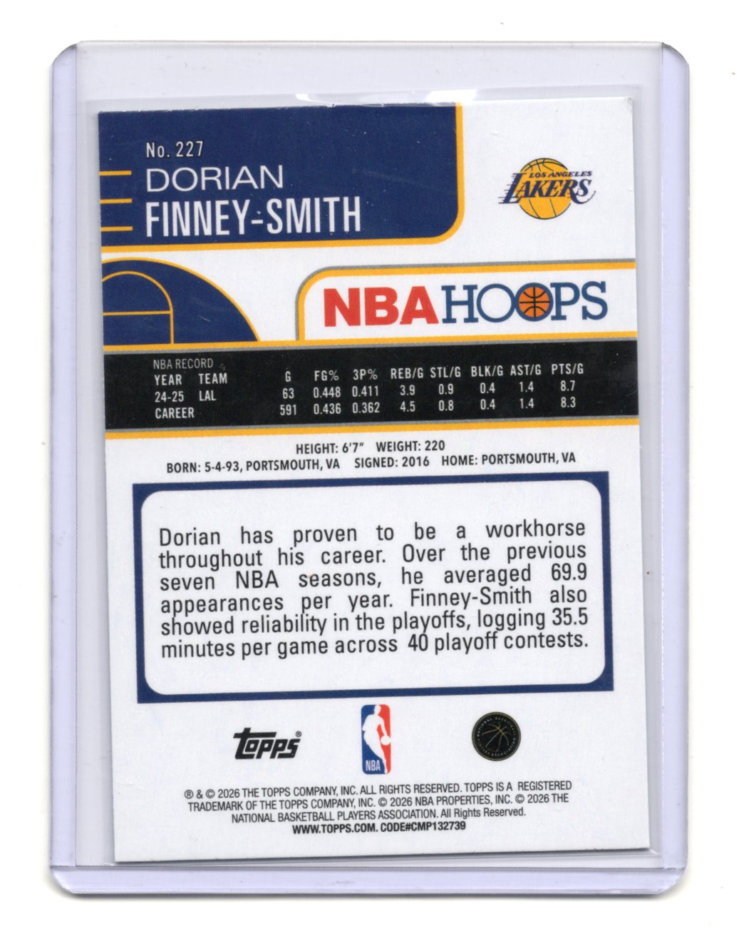 2025-26 Hoops Dorian Finney-Smith Card Green Hoops Los Angeles Lakers #227