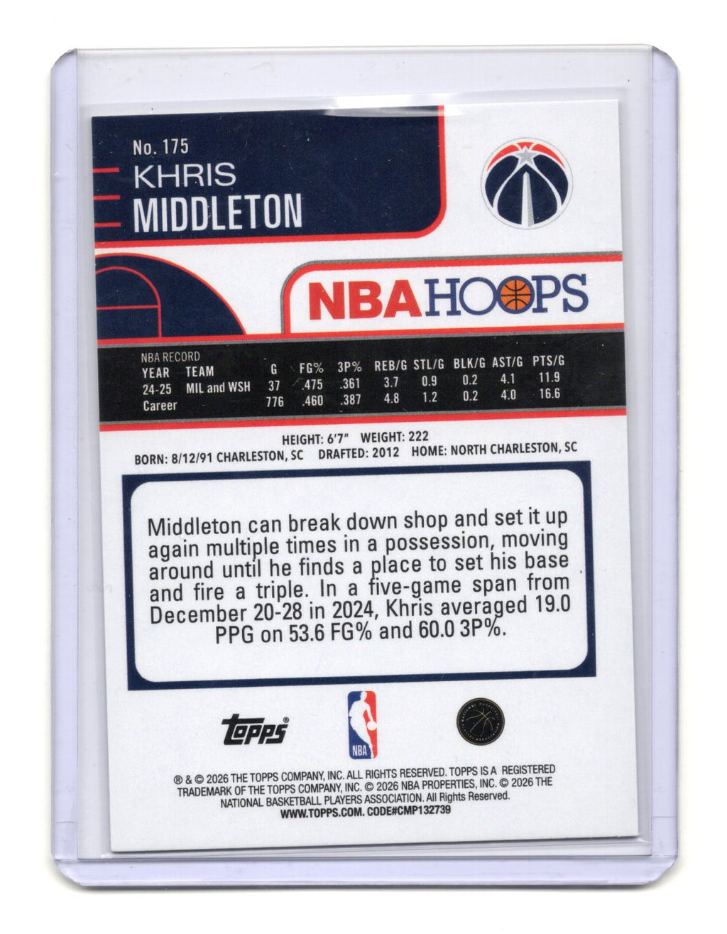 2025-26 Topps NBA Hoops Khris Middleton Yellow Blue Parallel /275 #175 Wizards