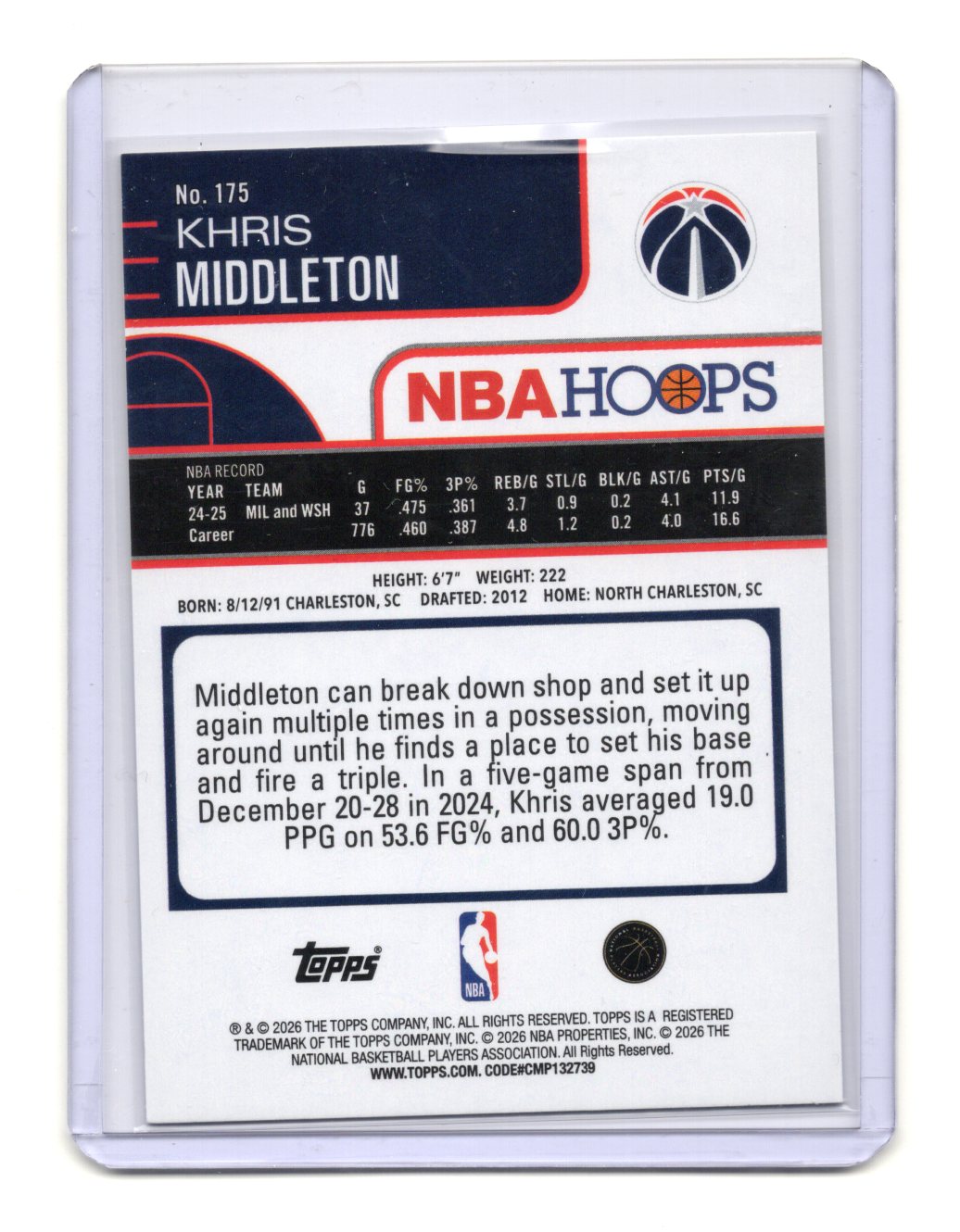 2025-26 Topps NBA Hoops Khris Middleton Yellow Blue Parallel /275 #175 Wizards
