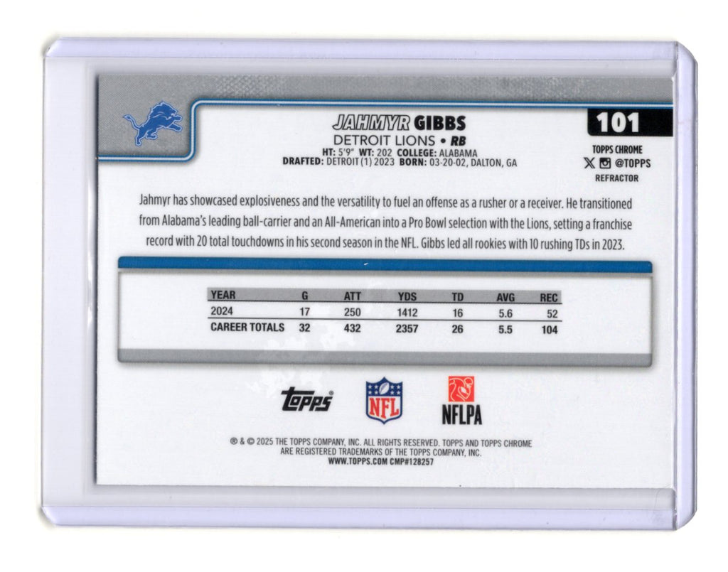 2025 Topps Chrome Jahmyr Gibbs Card Topps Refractor Detroit Lions #101