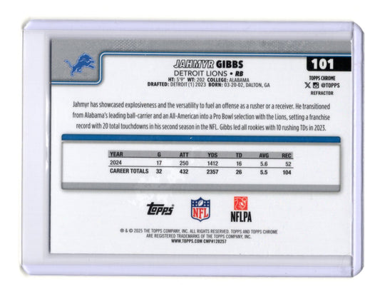 2025 Topps Chrome Jahmyr Gibbs Card Topps Refractor Detroit Lions #101