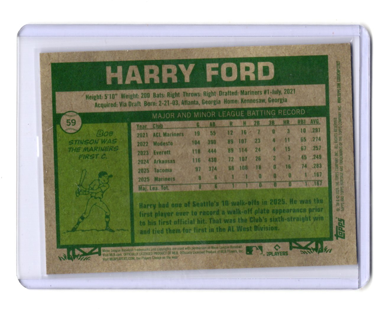 2026 Topps Heritage Harry Ford Card Glossy RC Seattle Mariners #59