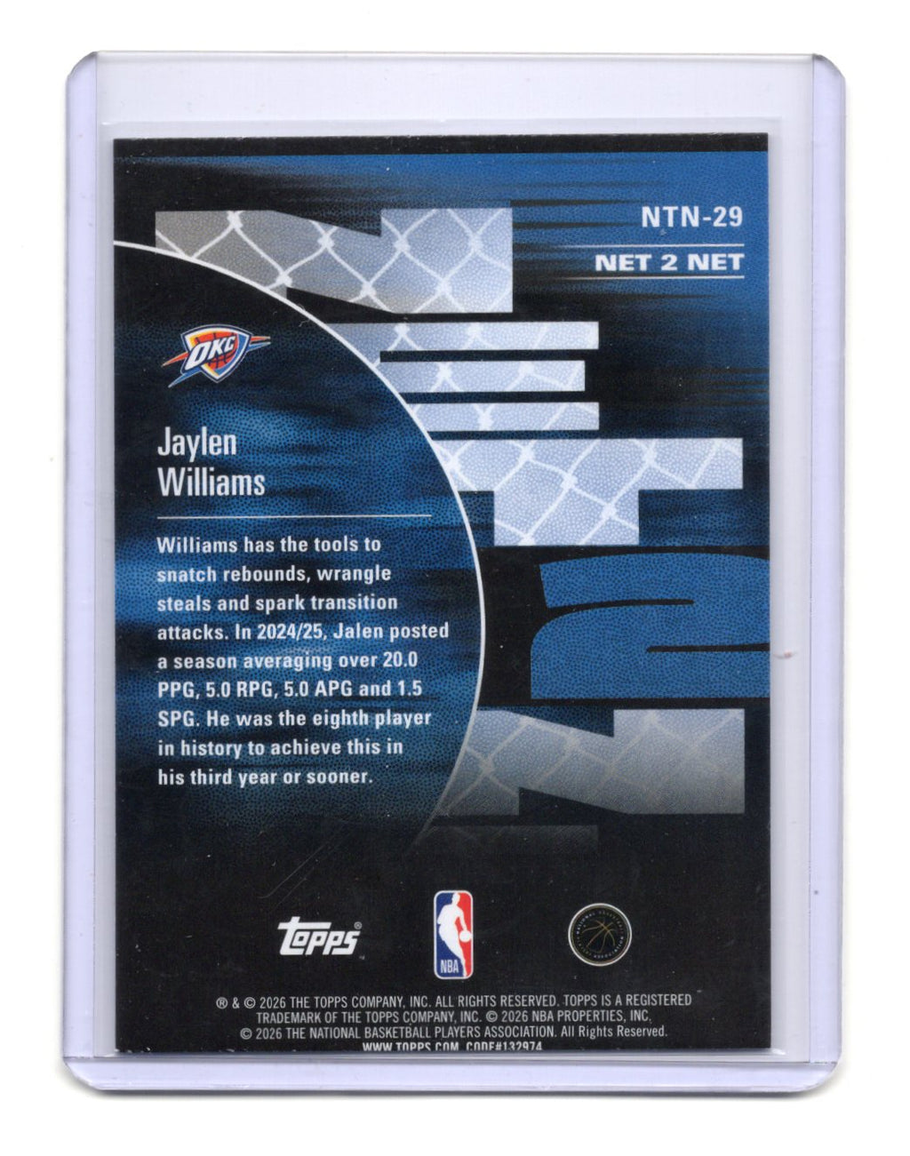 2025-26 Hoops Jaylen Williams Card Net 2 Net Oklahoma City Thunder #NTN-29