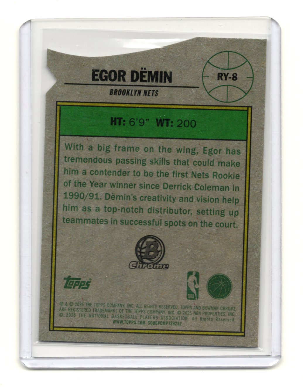 2025-26 Bowman Egor Demin Card Rookie of the Year Favorites Brooklyn Nets #RY-8