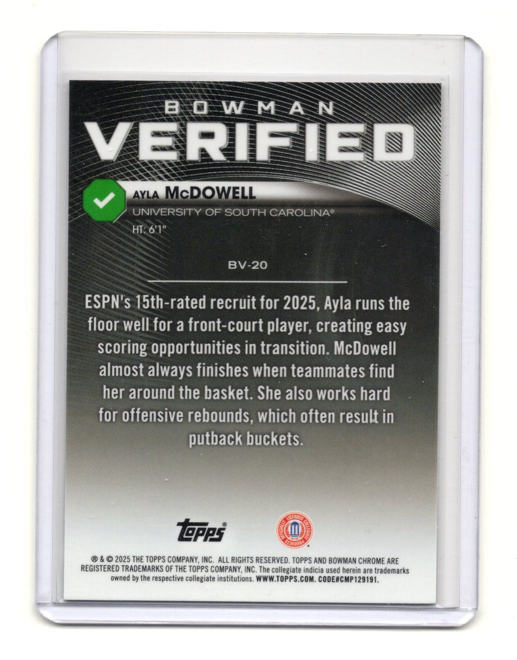 2025-26 Bowman Ayla McDowell Card Bowman Verified  Gamecocks #BV-20