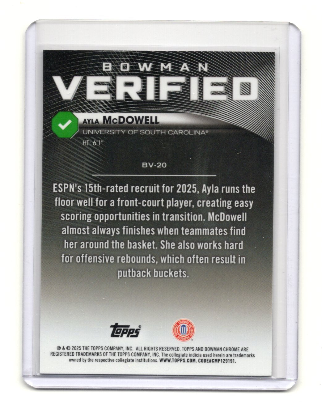 2025-26 Bowman Ayla McDowell Card Bowman Verified  Gamecocks #BV-20