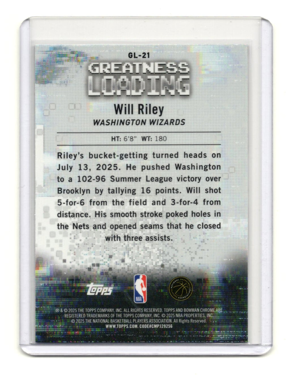 2025-26 Bowman Will Riley Card Greatness Loading Washington Wizards #GL-21