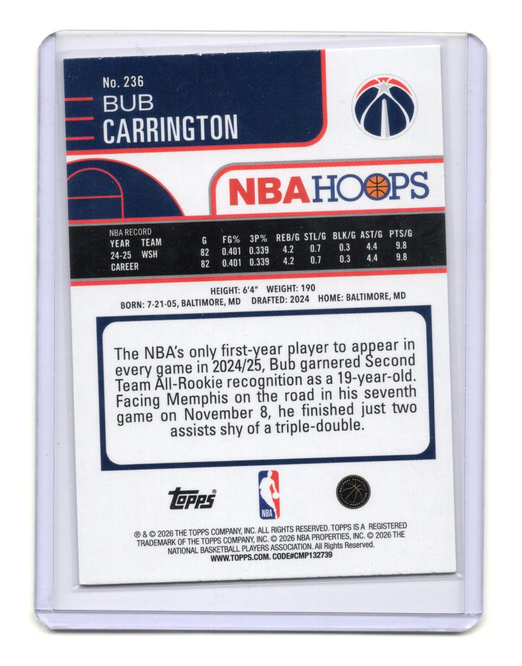 2025-26 Topps NBA Hoops Bub Carrington Silver Rainbow Foil Parallel #236 RC