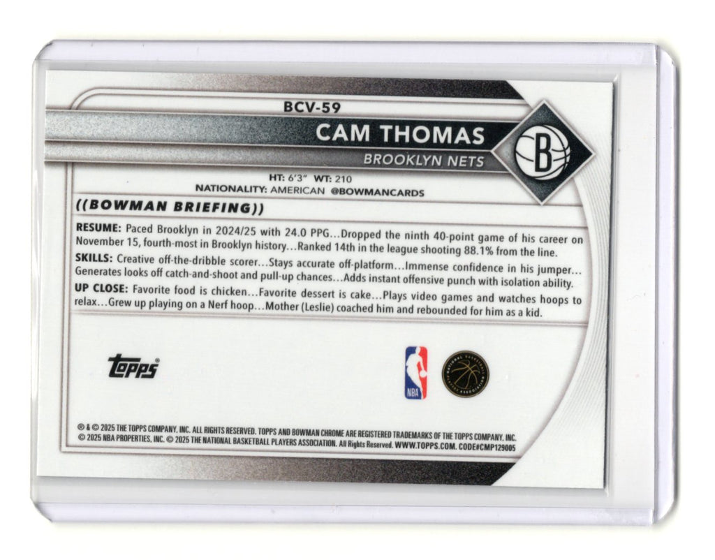 2025-26 Bowman Cam Thomas Card Chrome Reptilian Refractor Brooklyn Nets #BCV-59