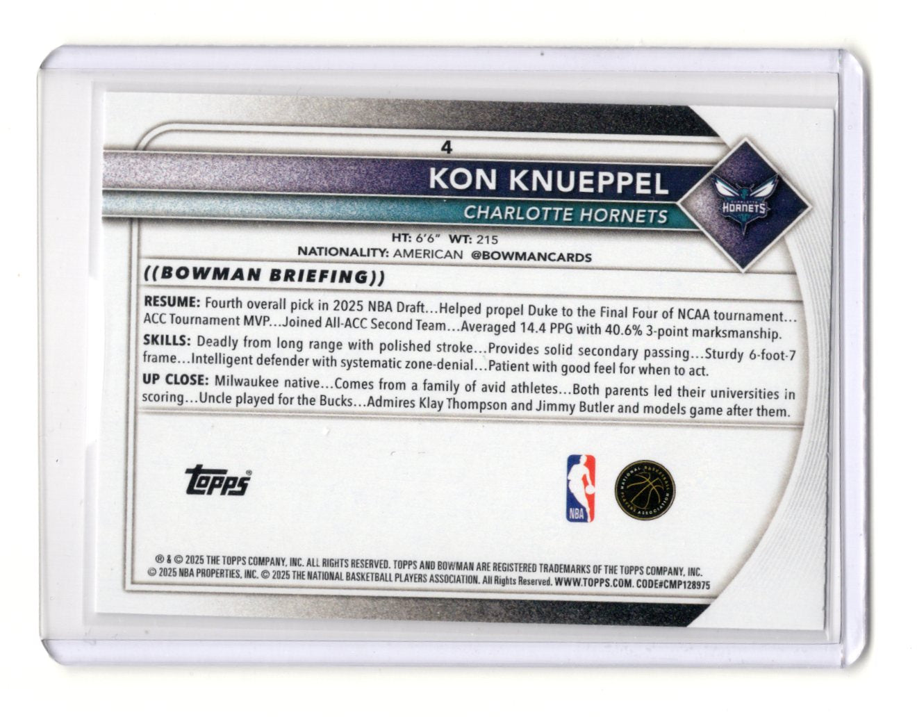 2025-26 Bowman Kon Knueppel Card RC Charlotte Hornets #4