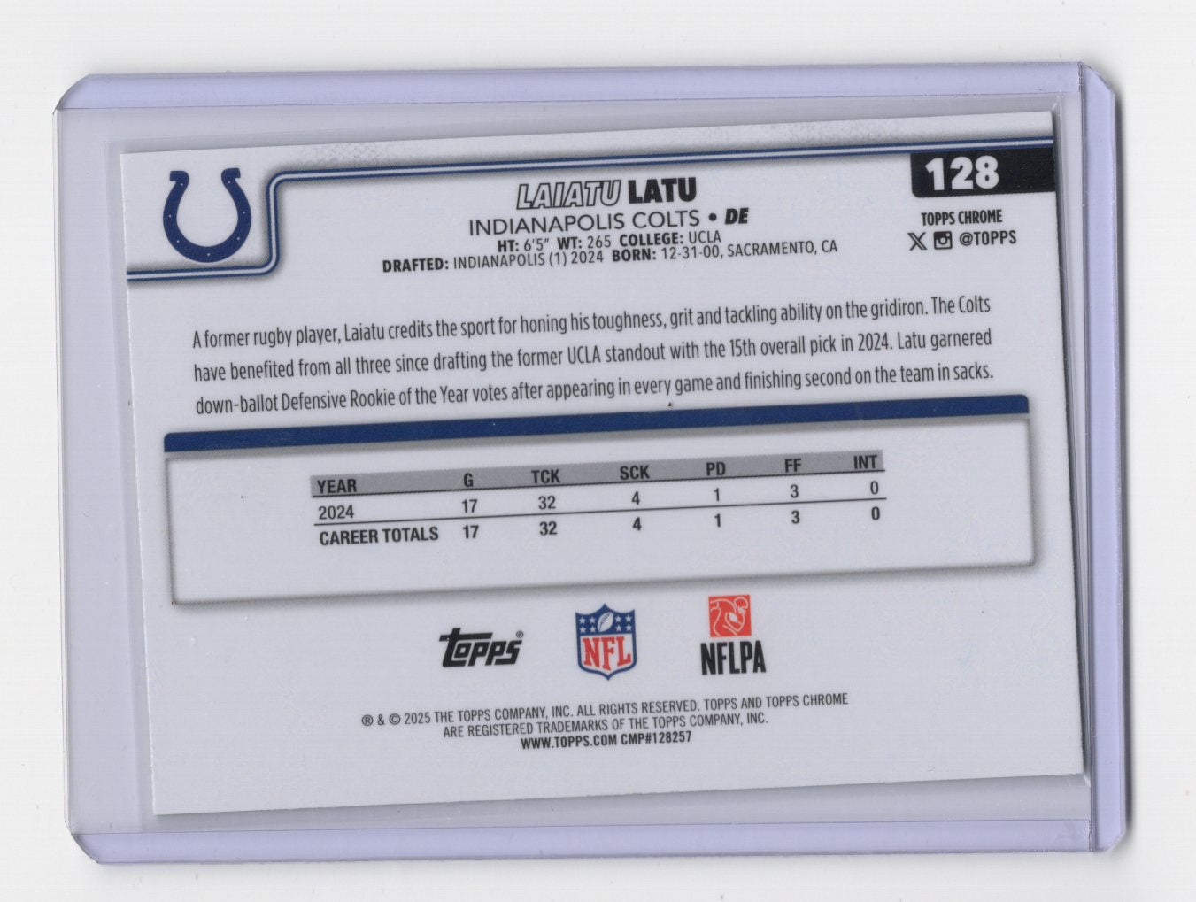 2025 Topps Chrome Laiatu Latu Card Lime Green X-Fractor Indianapolis Colts #128