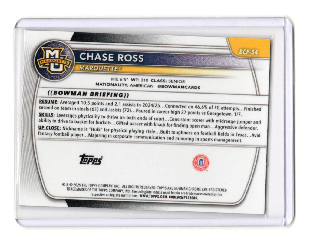 2025-26 Bowman Chase Ross Card Chrome Prospects Reptilian Refractor Marquette