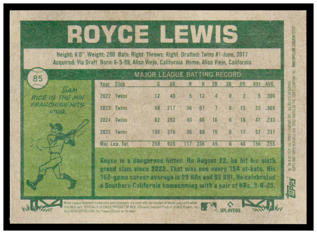 2026 Topps Heritage Royce Lewis Card Minnesota Twins #85
