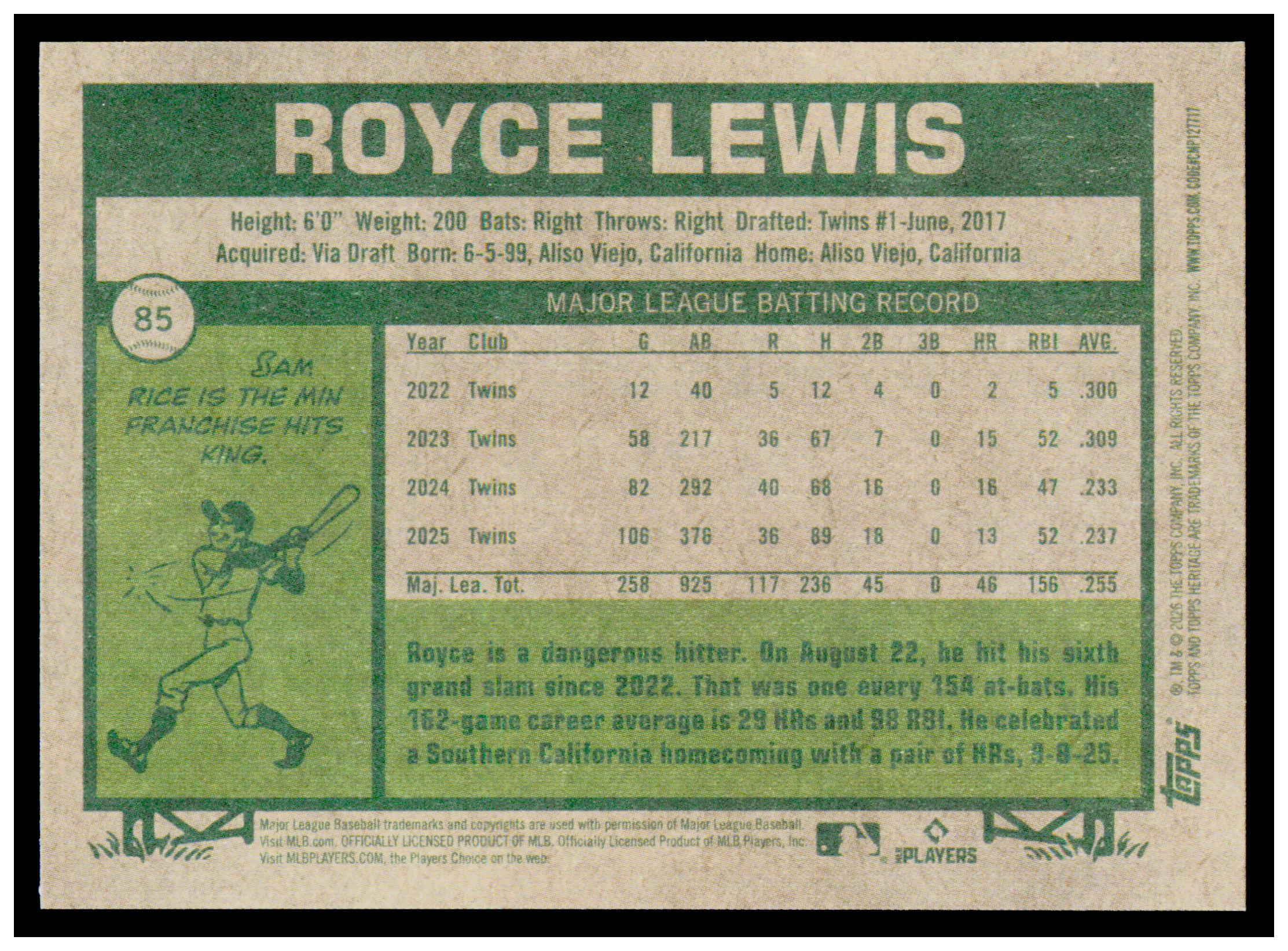 2026 Topps Heritage Royce Lewis Card Minnesota Twins #85