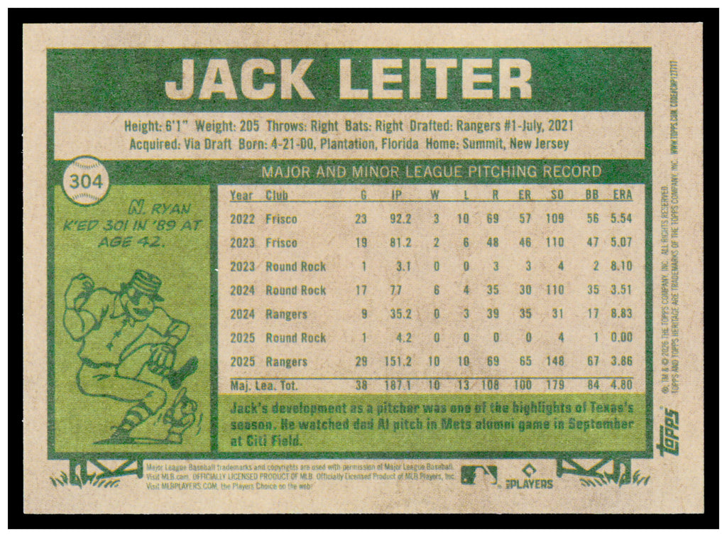 2026 Topps Heritage Jack Leiter Card Texas Rangers #304