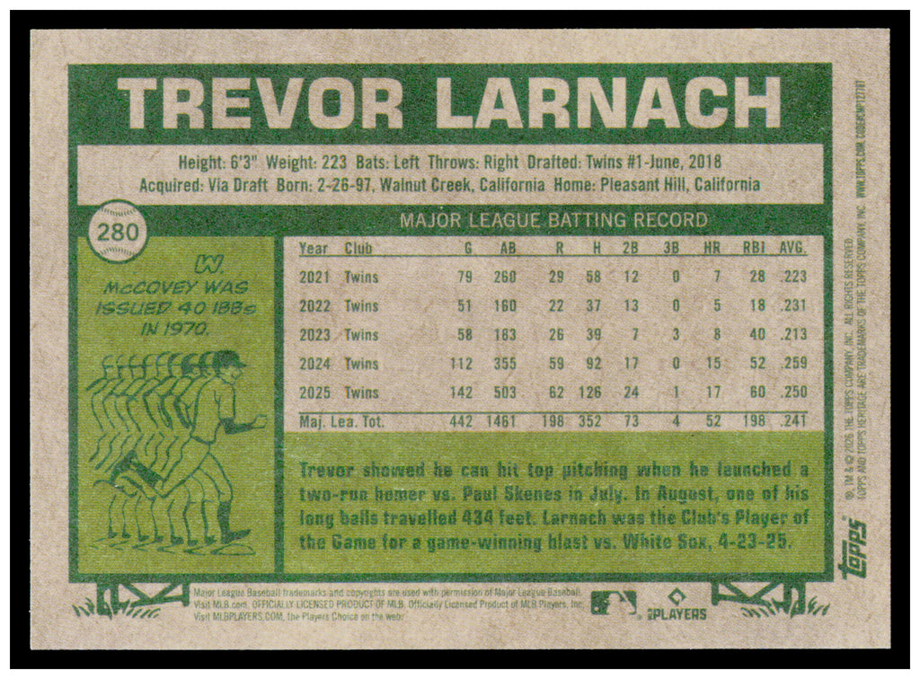 2026 Topps Heritage Trevor Larnach Card Dark Green Minnesota Twins #280