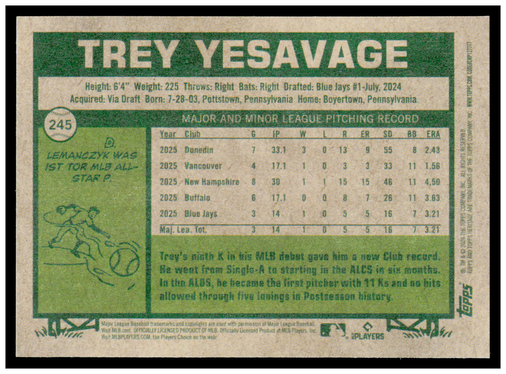 2026 Topps Heritage Trey Yesavage Card RC Toronto Blue Jays #245