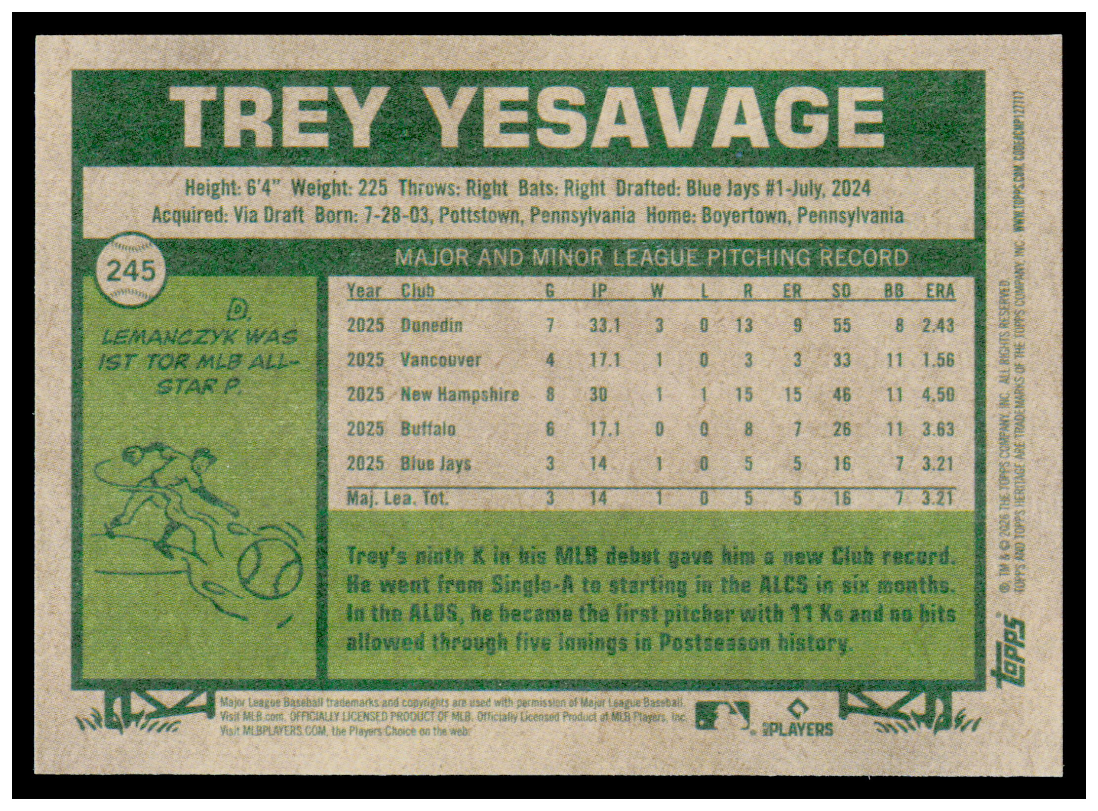 2026 Topps Heritage Trey Yesavage Card RC Toronto Blue Jays #245