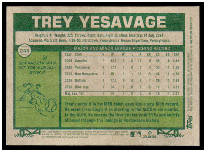 2026 Topps Heritage Trey Yesavage Card RC Toronto Blue Jays #245