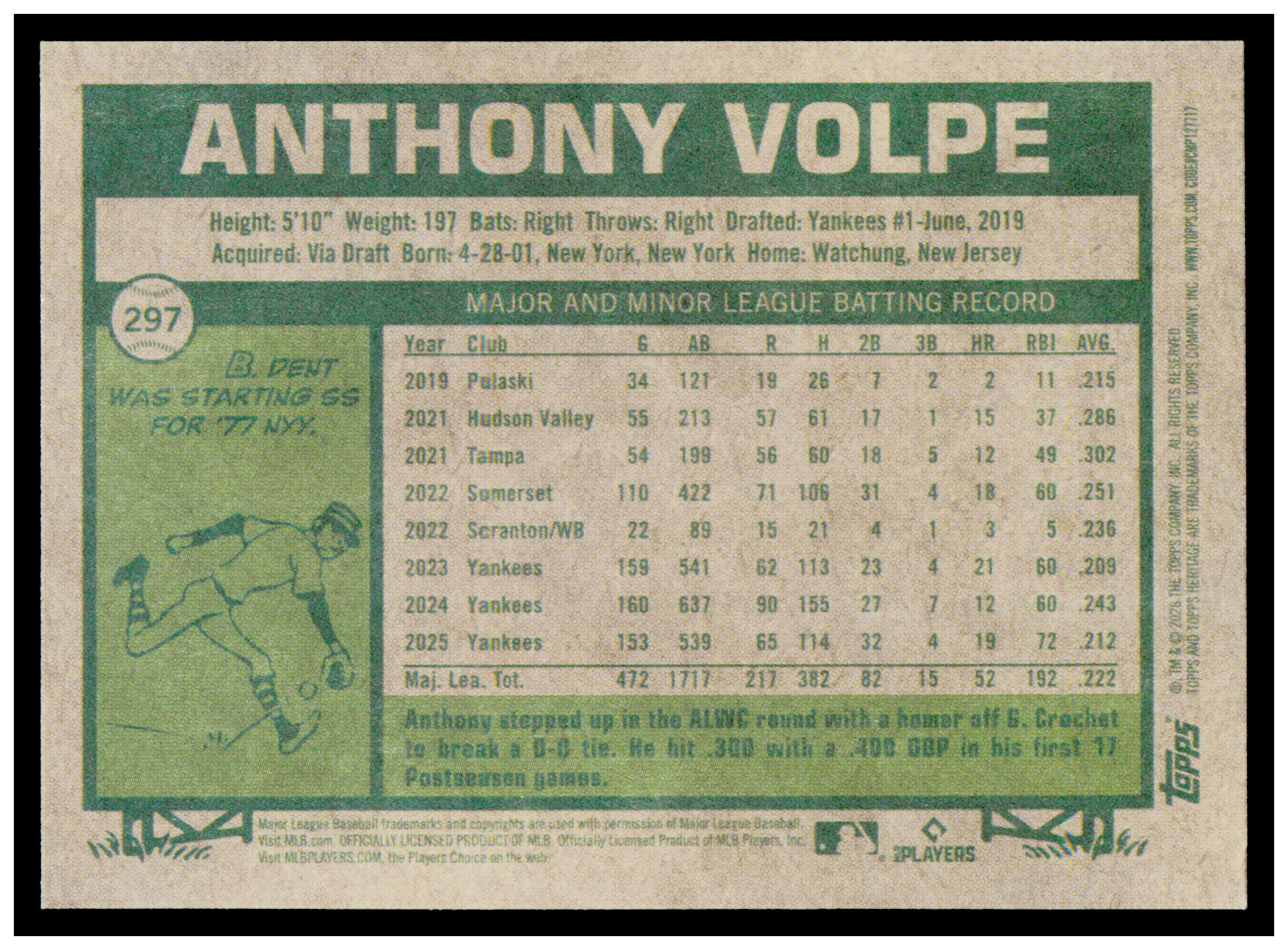 2026 Topps Heritage Anthony Volpe Card New York Yankees #297