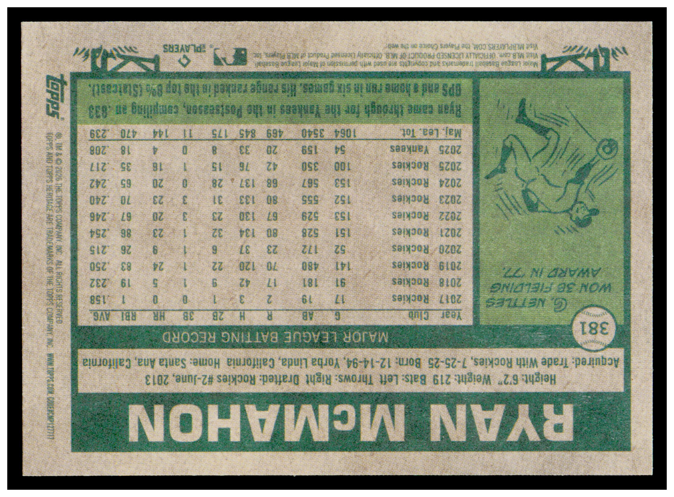 2026 Topps Heritage Ryan McMahon Card New York Yankees #381