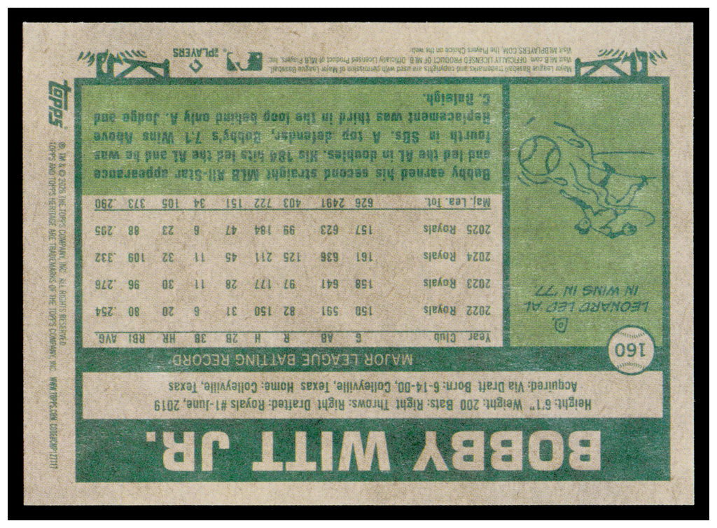 2026 Topps Heritage Bobby Witt Jr. Card Kansas City Royals #160