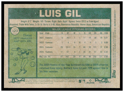 2026 Topps Heritage Luis Gil Card New York Yankees #123