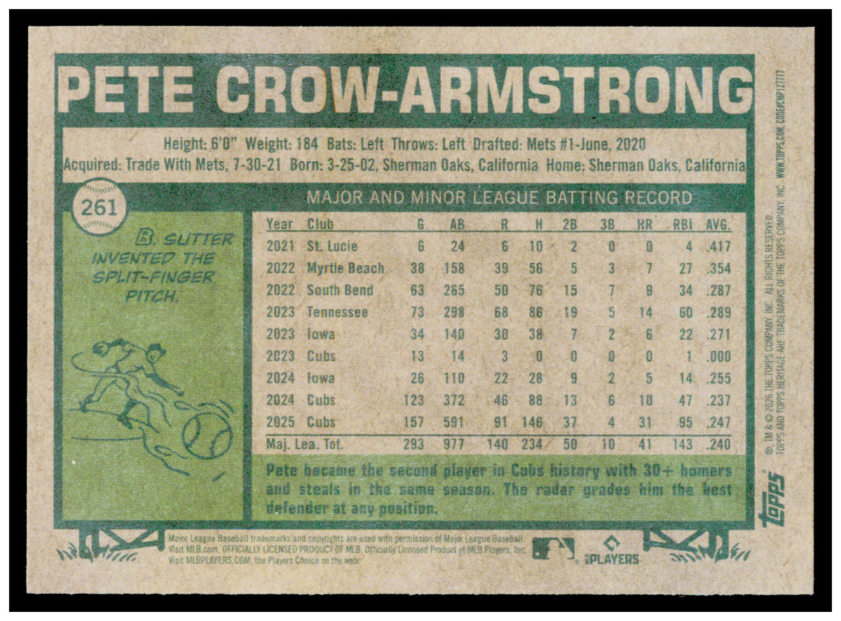 2026 Topps Heritage Pete Crow-Armstrong Card Chicago Cubs #261