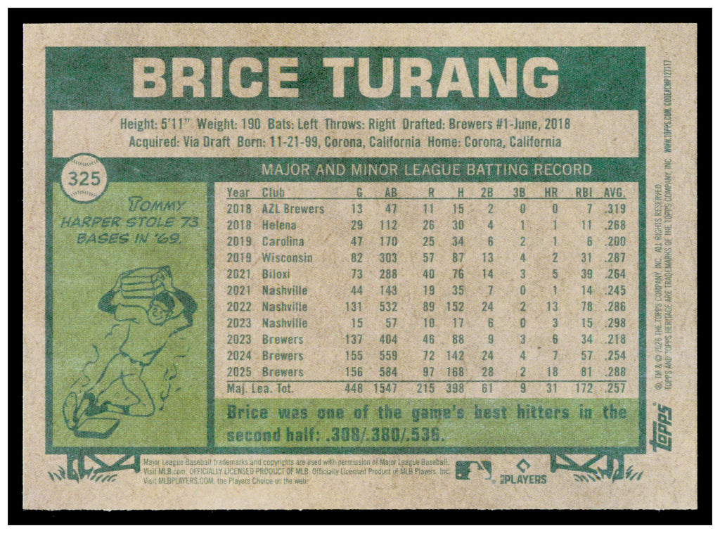 2026 Topps Heritage Brice Turang Card Milwaukee Brewers #325