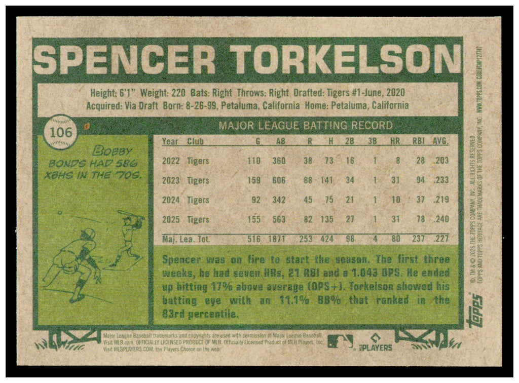 2026 Topps Heritage Spencer Torkelson Card Detroit Tigers #106