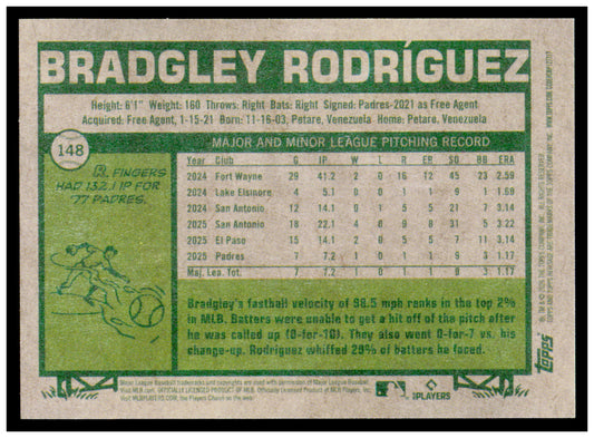 2026 Topps Heritage Bradgley Rodriguez Card Light Purple RC  Padres #148