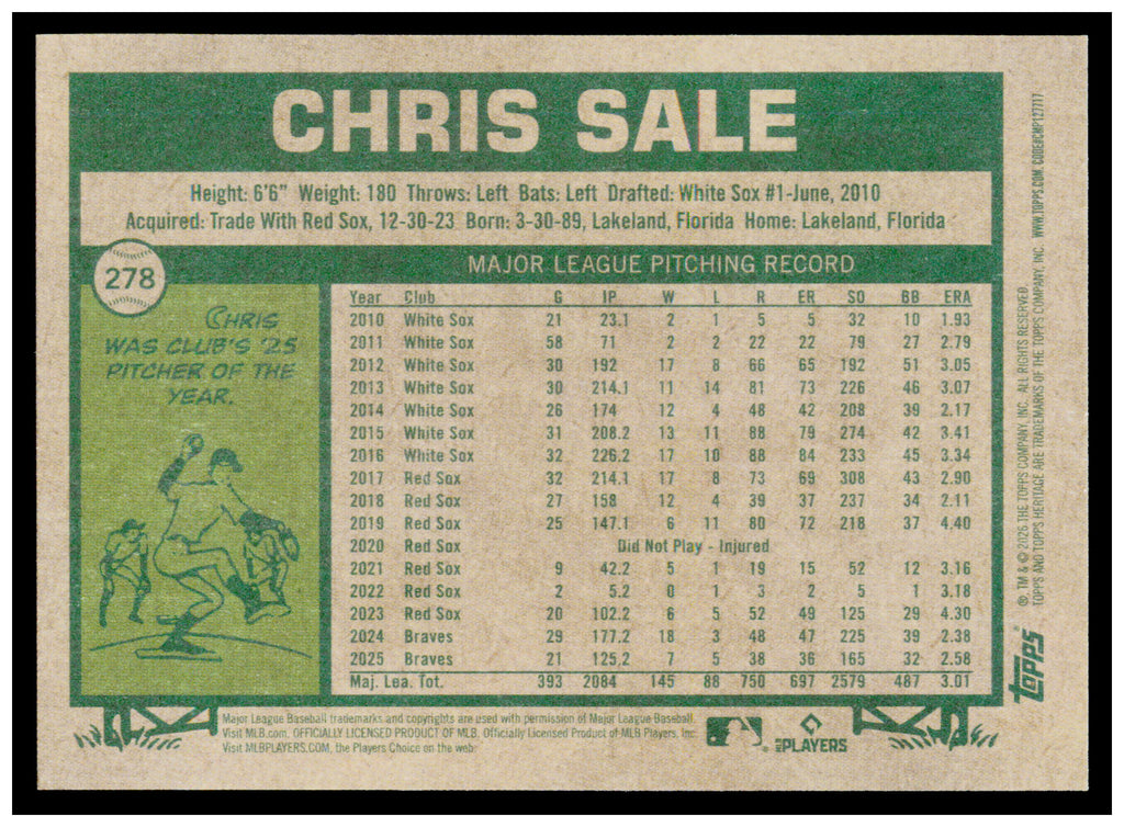2026 Topps Heritage Chris Sale Card Atlanta Braves #278