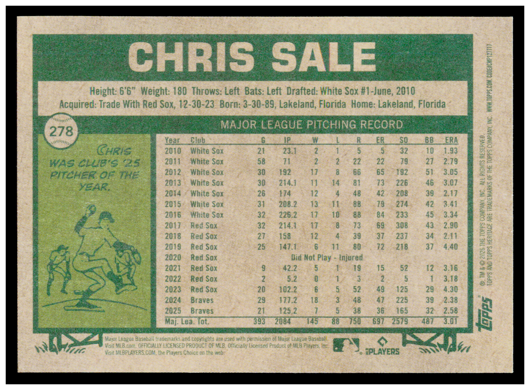 2026 Topps Heritage Chris Sale Card Atlanta Braves #278