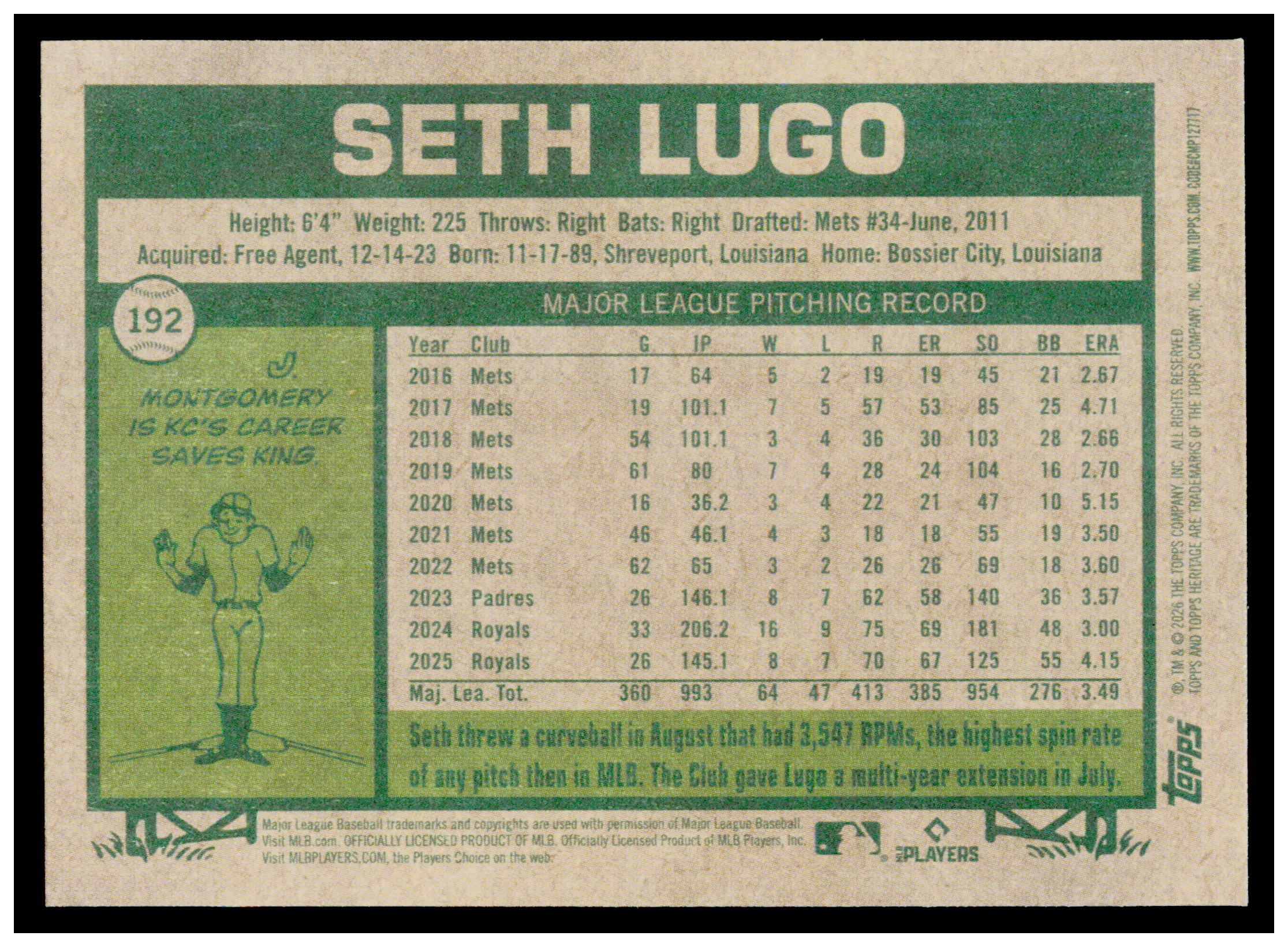 2026 Topps Heritage Seth Lugo Card Kansas City Royals #192
