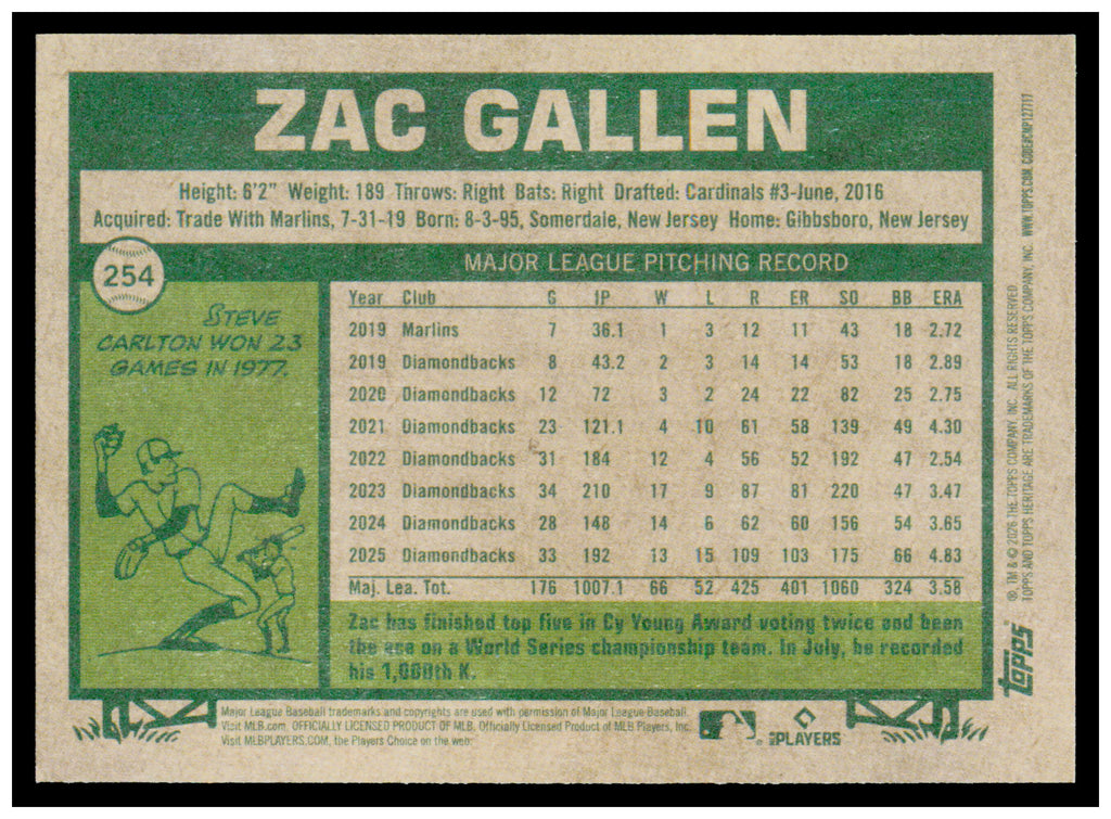 2026 Topps Heritage Zac Gallen Card Arizona Diamondbacks #254