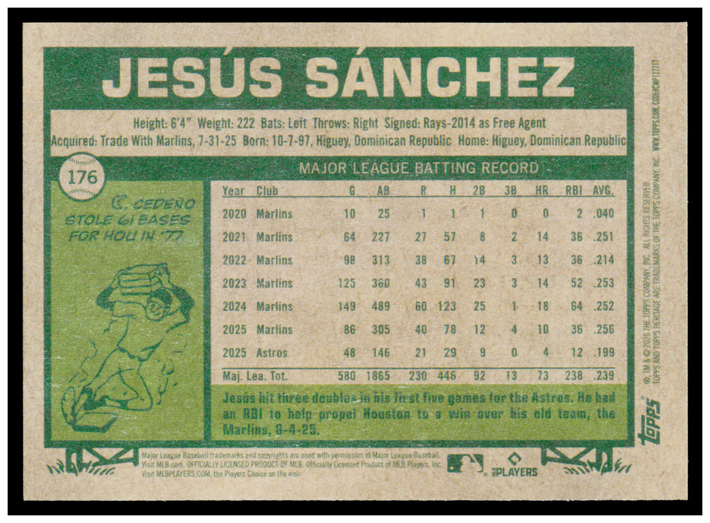 2026 Topps Heritage Jesús Sánchez Card Houston Astros #176