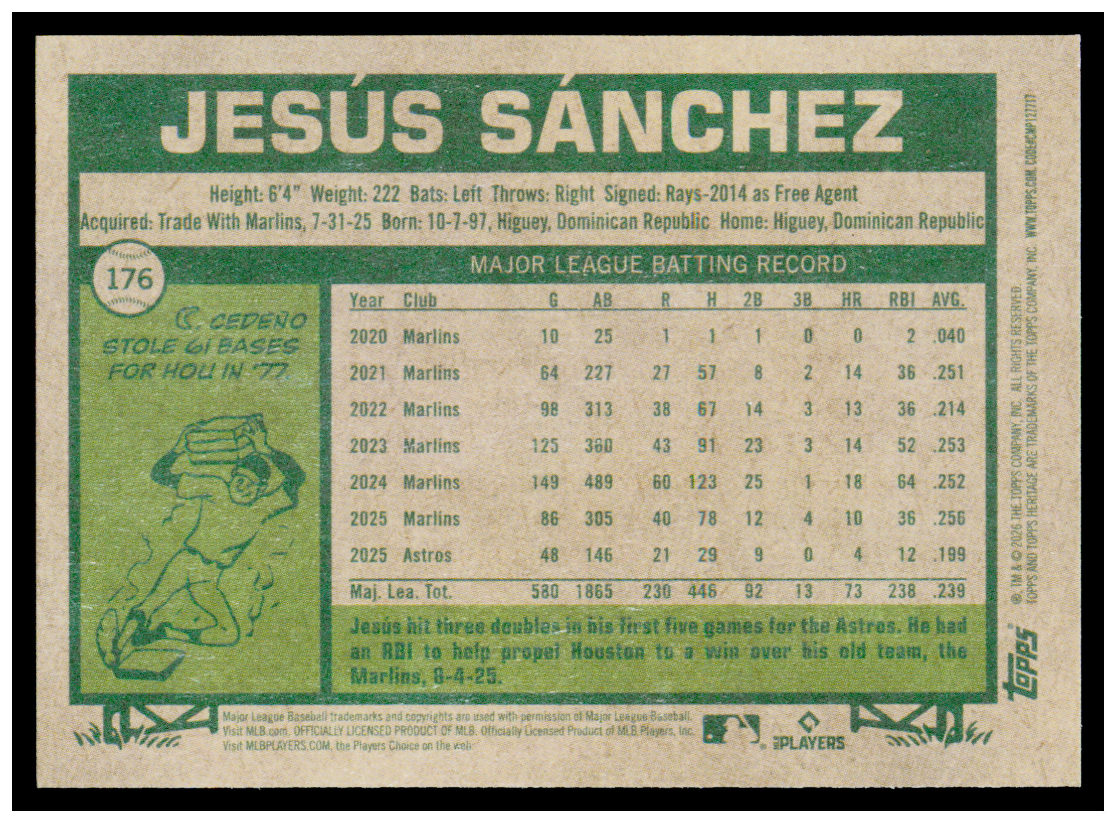 2026 Topps Heritage Jesús Sánchez Card Houston Astros #176